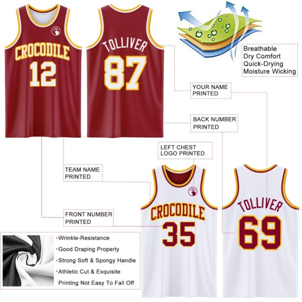 Custom Reversible Maroon White-Gold Double Side Sublimation Basketball Suit Jersey