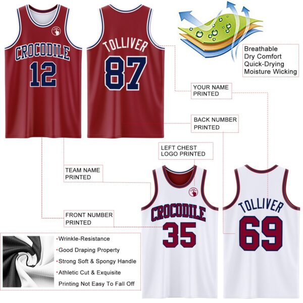 Custom Reversible Maroon Navy-White Double Side Sublimation Basketball Suit Jersey