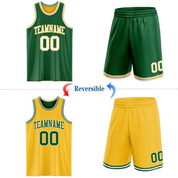 Custom Reversible Kelly Green White-Gold Double Side Sublimation Basketball Suit Jersey
