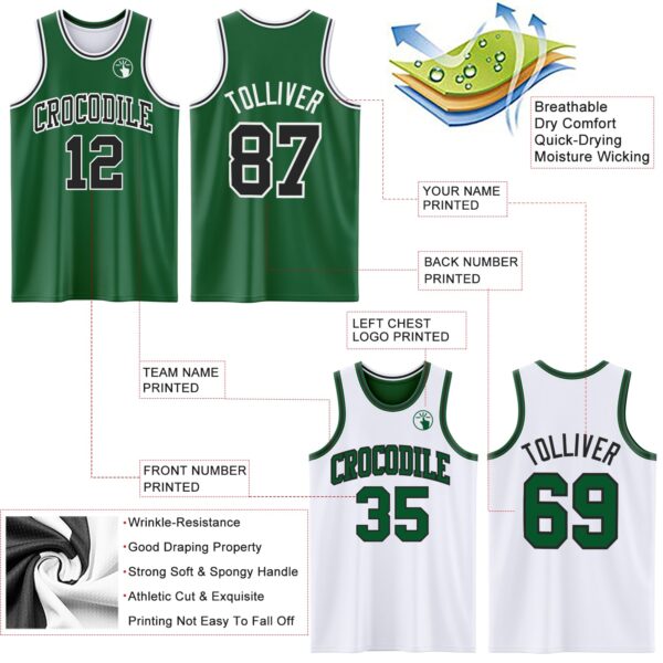 Custom Reversible Kelly Green Black-White Double Side Sublimation Basketball Suit Jersey