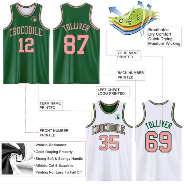 Custom Reversible Kelly Green Medium Pink Double Side Sublimation Basketball Suit Jersey