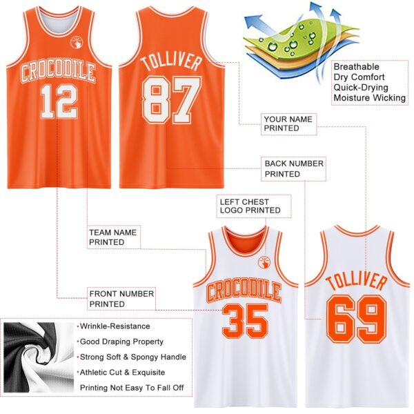 Custom Reversible Orange White Double Side Sublimation Basketball Suit Jersey