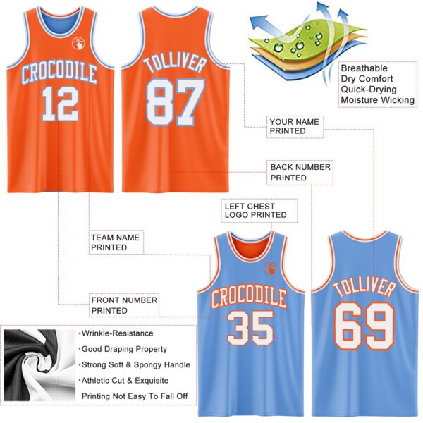 Custom Reversible Orange White-Light Blue Double Side Sublimation Basketball Suit Jersey