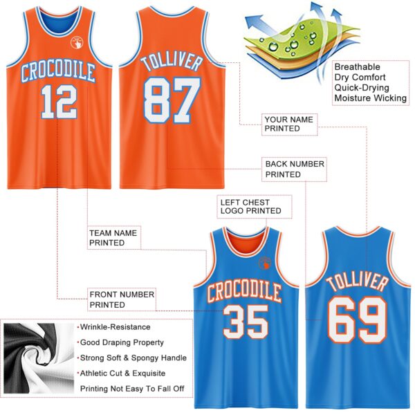Custom Reversible Orange White-Powder Blue Double Side Sublimation Basketball Suit Jersey