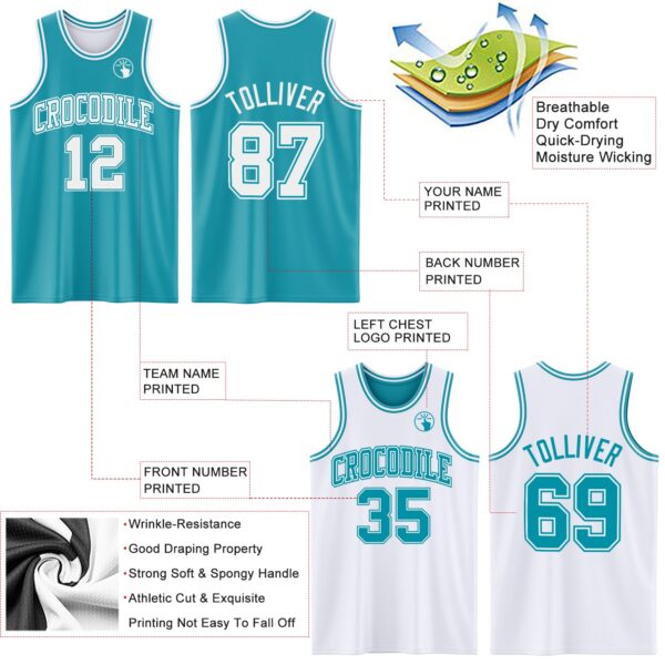 Custom Reversible Teal White Double Side Sublimation Basketball Suit Jersey