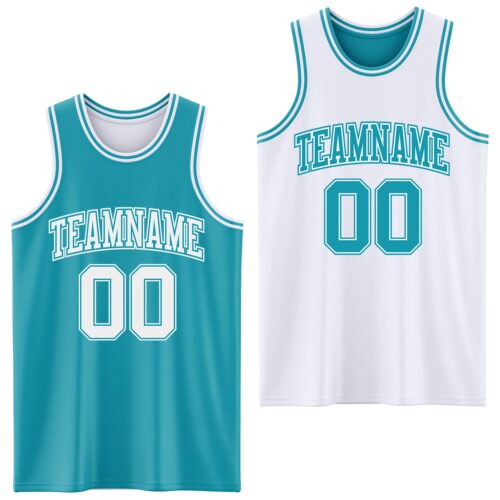 Custom Reversible Teal White Double Side Sublimation Basketball Suit Jersey