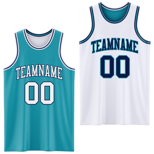 Custom Reversible Teal White-Navy Double Side Sublimation Basketball Suit Jersey