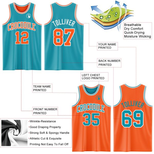 Custom Reversible Teal Orange-White Double Side Sublimation Basketball Suit Jersey