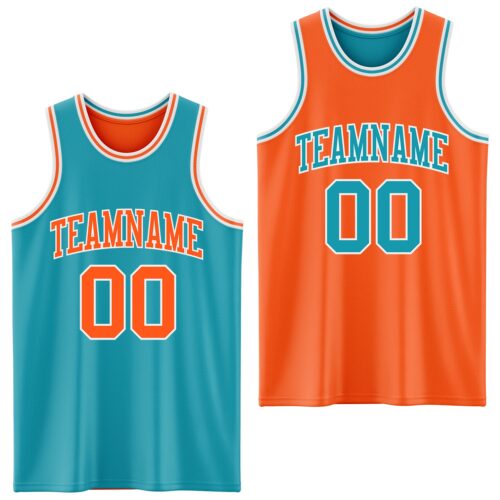 Custom Reversible Teal Orange-White Double Side Sublimation Basketball Suit Jersey