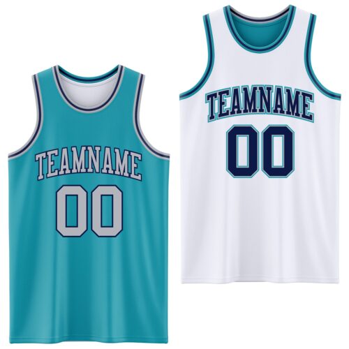 ReversibleD0204 Custom Reversible Teal Gray-Navy Double Side Sublimation Basketball Suit Jersey