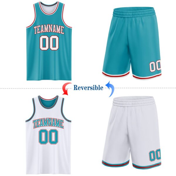 Custom Reversible Teal White-Red Double Side Sublimation Basketball Suit Jersey
