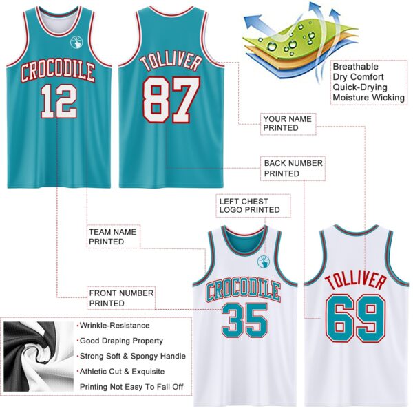 Custom Reversible Teal White-Red Double Side Sublimation Basketball Suit Jersey