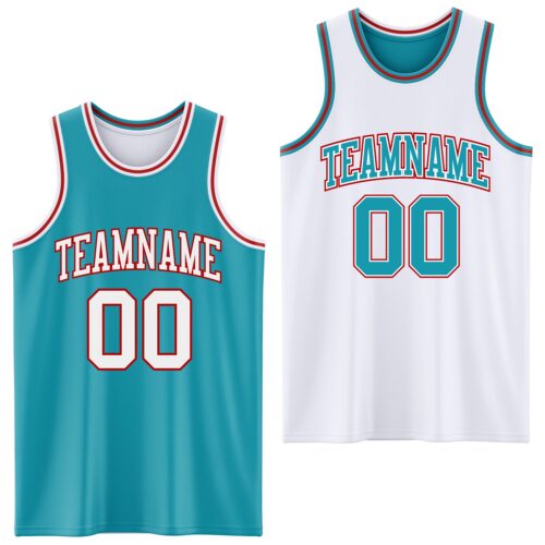 Custom Reversible Teal White-Red Double Side Sublimation Basketball Suit Jersey