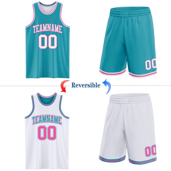 Custom Reversible Teal White-Pink Double Side Sublimation Basketball Suit Jersey