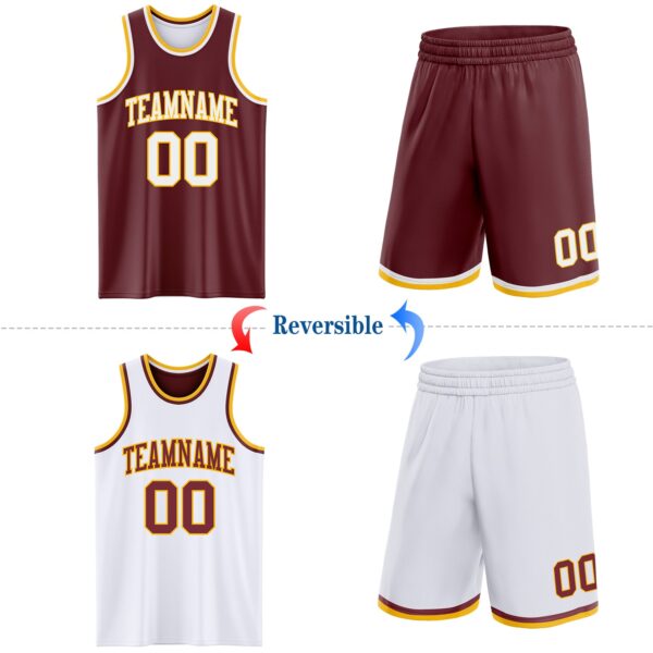 Custom Reversible Burgundy White-Gold Double Side Sublimation Basketball Suit Jersey