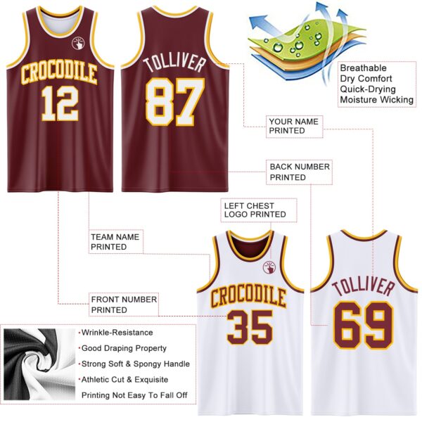 Custom Reversible Burgundy White-Gold Double Side Sublimation Basketball Suit Jersey