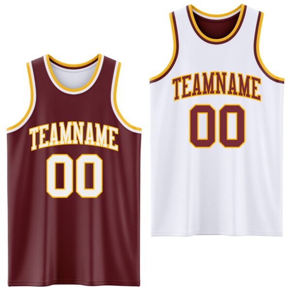 Custom Reversible Burgundy White-Gold Double Side Sublimation Basketball Suit Jersey