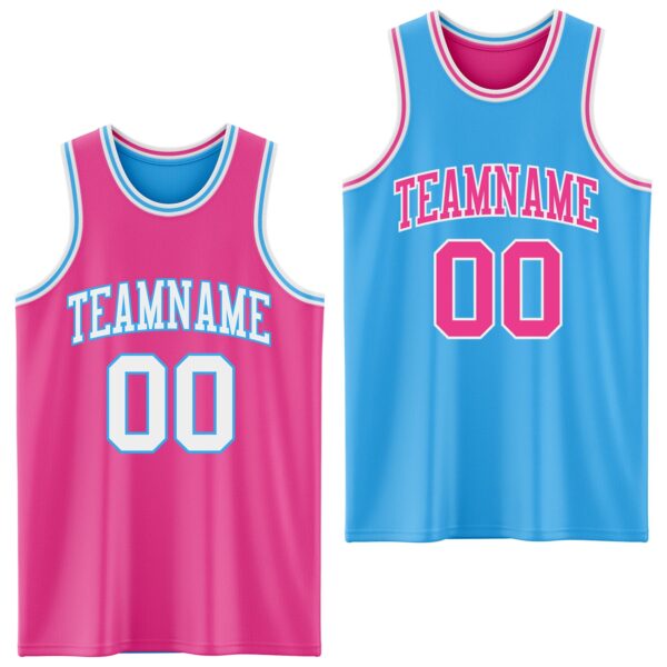Custom Reversible Pink White-Sky Blue Double Side Sublimation Basketball Suit Jersey