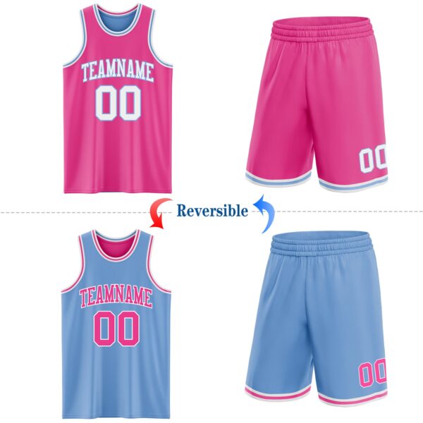 Custom Reversible Pink White-Light Blue Double Side Sublimation Basketball Suit Jersey