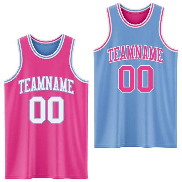 Custom Reversible Pink White-Light Blue Double Side Sublimation Basketball Suit Jersey