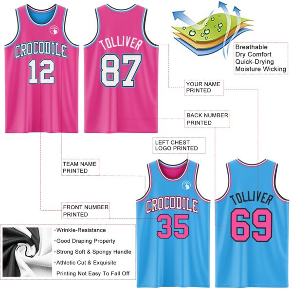 Custom Reversible Pink Black-Sky Blue Double Side Sublimation Basketball Suit Jersey