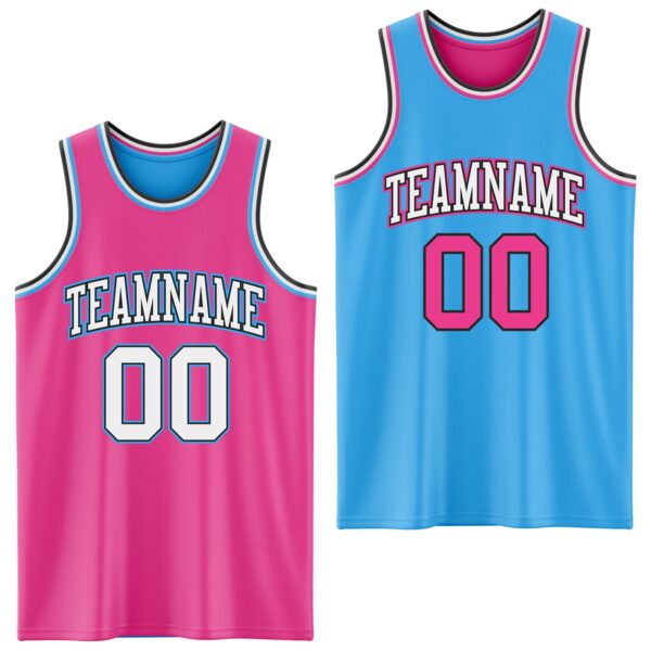 Custom Reversible Pink Black-Sky Blue Double Side Sublimation Basketball Suit Jersey