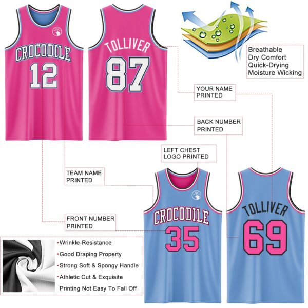 Custom Reversible Pink Black-Light Blue Double Side Sublimation Basketball Suit Jersey