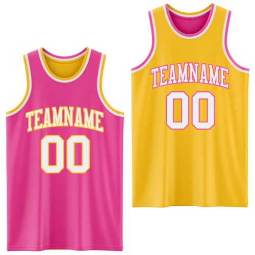 Custom Reversible Pink White-Gold Double Side Sublimation Basketball Suit Jersey