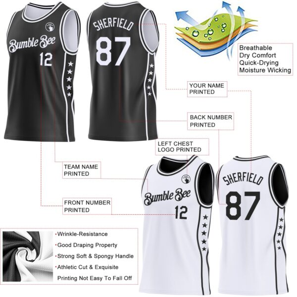 Custom Reversible Black White Double Side Star Sublimation Basketball Suit Jersey