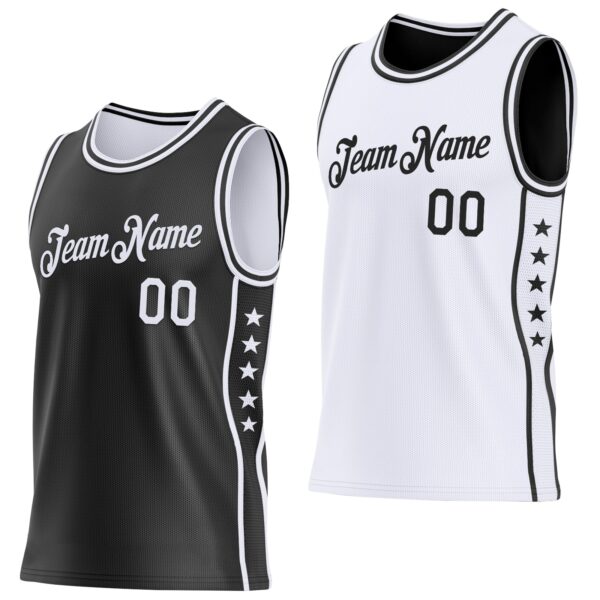 Custom Reversible Black White Double Side Star Sublimation Basketball Suit Jersey