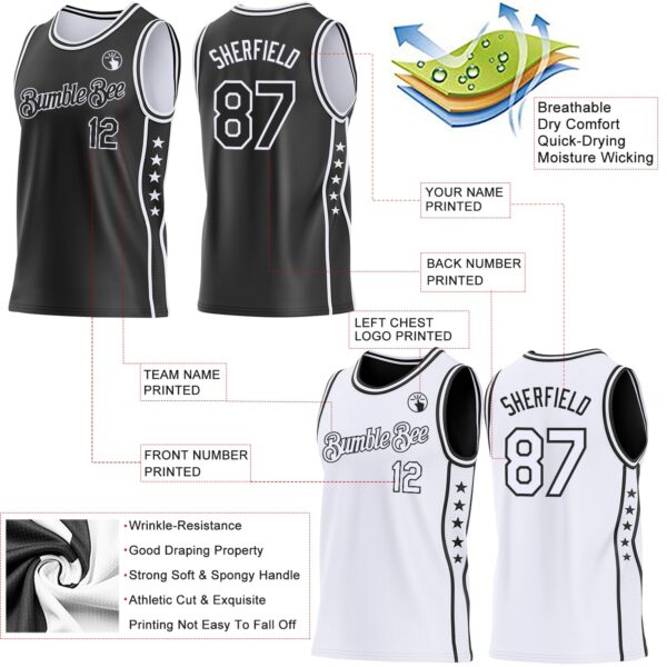Custom Reversible Black White Double Side Star Sublimation Basketball Suit Jersey