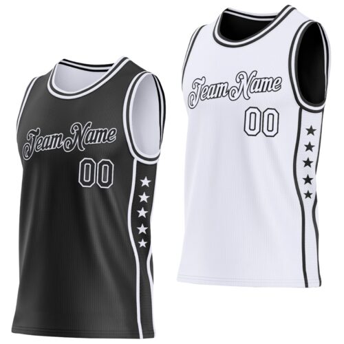 Custom Reversible Black White Double Side Star Sublimation Basketball Suit Jersey
