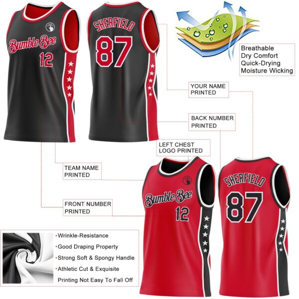 Custom Reversible Black Red-White Double Side Star Sublimation Basketball Suit Jersey