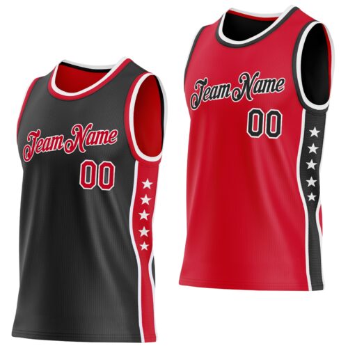 Custom Reversible Black Red-White Double Side Star Sublimation Basketball Suit Jersey