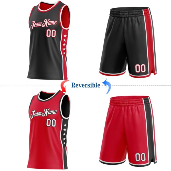 Custom Reversible Black White-Red Double Side Star Sublimation Basketball Suit Jersey