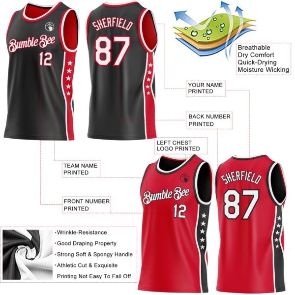 Custom Reversible Black White-Red Double Side Star Sublimation Basketball Suit Jersey