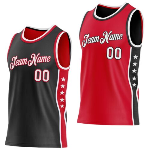 Custom Reversible Black White-Red Double Side Star Sublimation Basketball Suit Jersey
