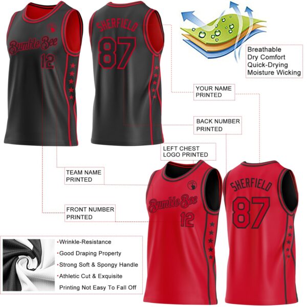 Custom Reversible Black Red Double Side Star Sublimation Basketball Suit Jersey