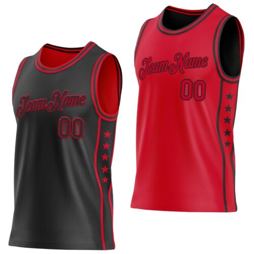 Custom Reversible Black Red Double Side Star Sublimation Basketball Suit Jersey