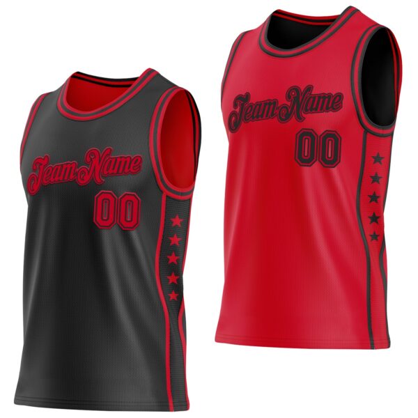 Custom Reversible Black Red Double Side Star Sublimation Basketball Suit Jersey