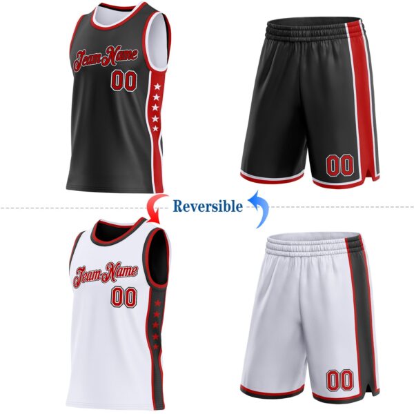 Custom Reversible Black Red-White Double Side Star Sublimation Basketball Suit Jersey