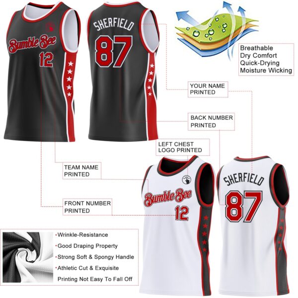Custom Reversible Black Red-White Double Side Star Sublimation Basketball Suit Jersey