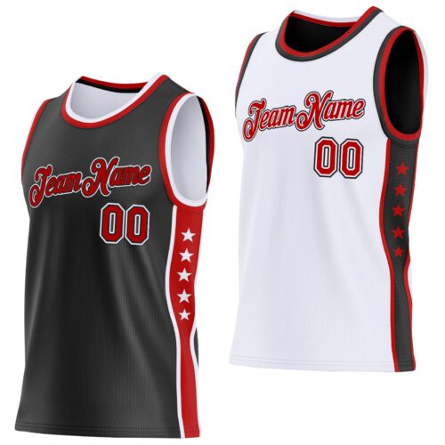 Custom Reversible Black Red-White Double Side Star Sublimation Basketball Suit Jersey