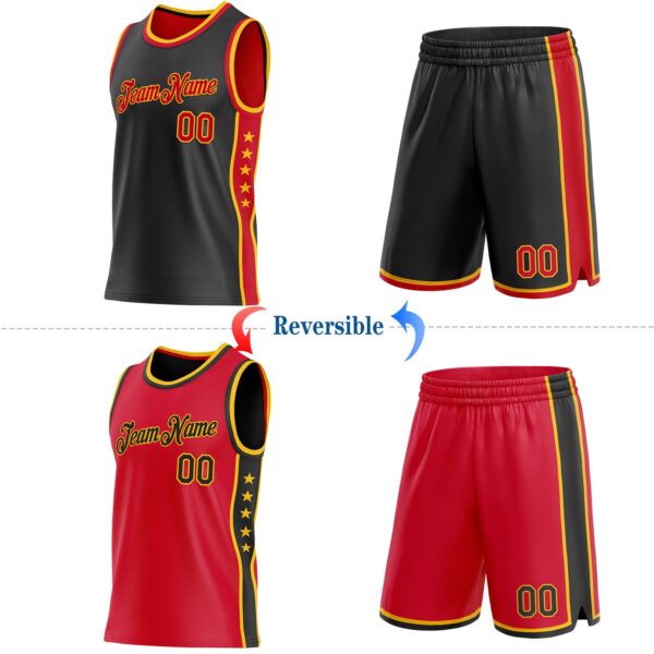 Custom Reversible Black Red-Gold Double Side Star Sublimation Basketball Suit Jersey