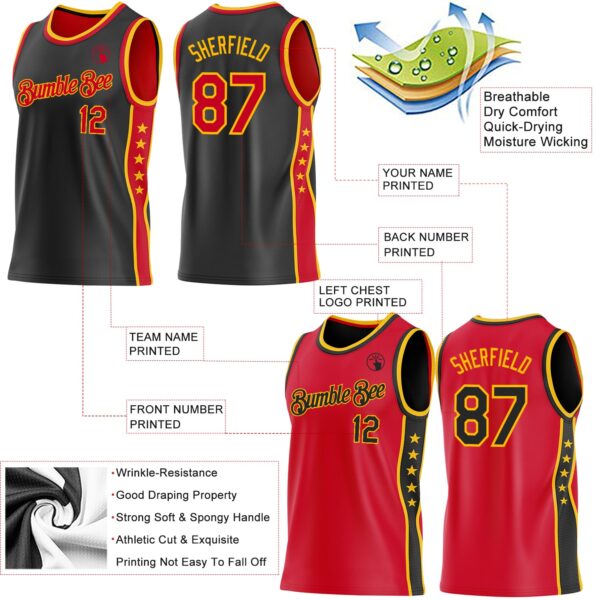 Custom Reversible Black Red-Gold Double Side Star Sublimation Basketball Suit Jersey