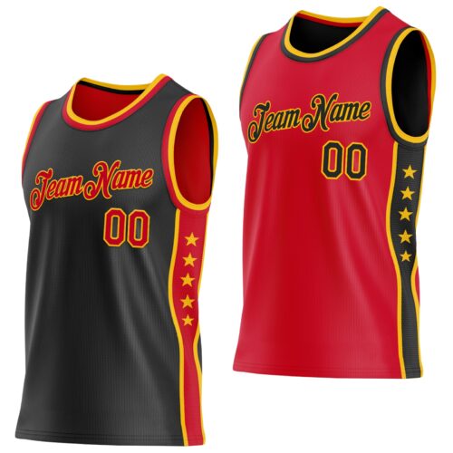 Custom Reversible Black Red-Gold Double Side Star Sublimation Basketball Suit Jersey