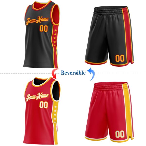Custom Reversible Black Gold-Red Double Side Star Sublimation Basketball Suit Jersey