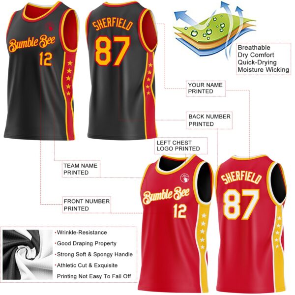 Custom Reversible Black Gold-Red Double Side Star Sublimation Basketball Suit Jersey