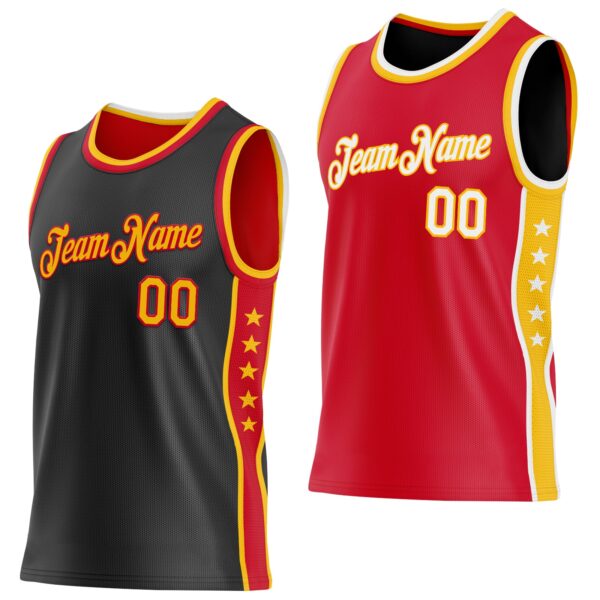 Custom Reversible Black Gold-Red Double Side Star Sublimation Basketball Suit Jersey
