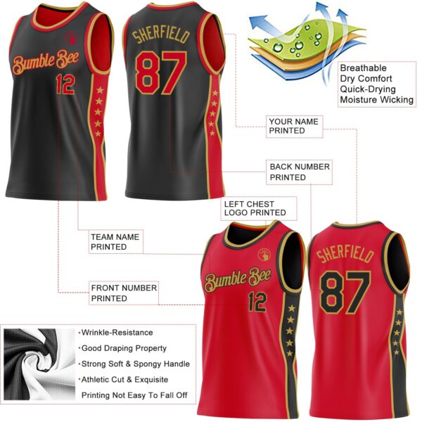 Custom Reversible Black Red-Old Gold Double Side Star Sublimation Basketball Suit Jersey